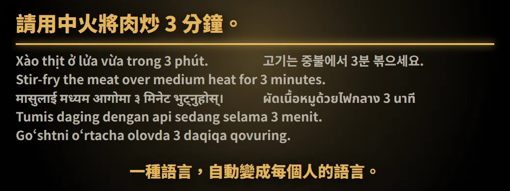 這份食譜，您讀得懂嗎？請用中火將肉炒 3 分鐘。一種語言，自動變成每個人的語言。